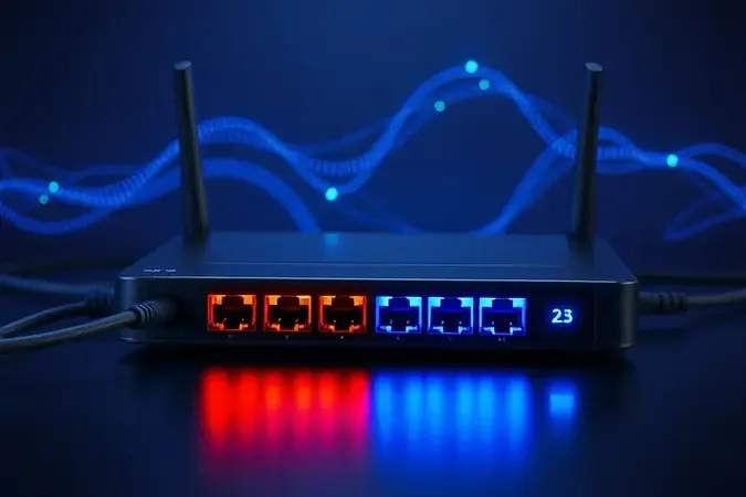 Render 3D de roteador com portas ethernet e fluxo de dados, ilustrando conectividade avançada.