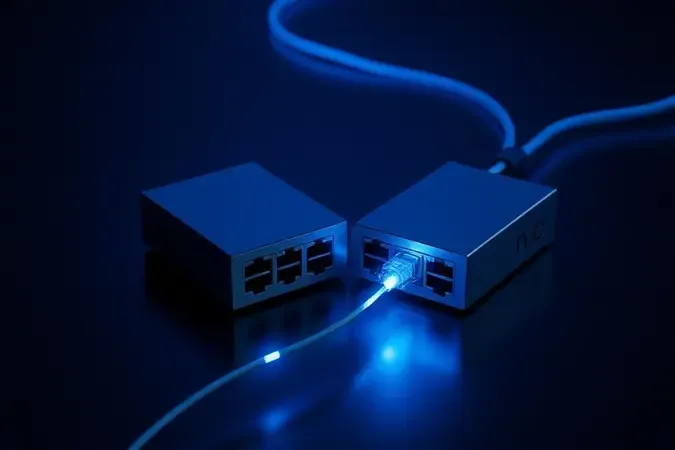 Conexão física entre modem e roteador mediante cable de fibra óptica em entorno escuro moderno