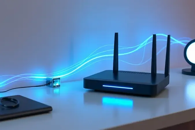 Representação 3D conceitual de conexão gigabit ultrarrápida com traços de luz e roteador moderno em ambiente clean