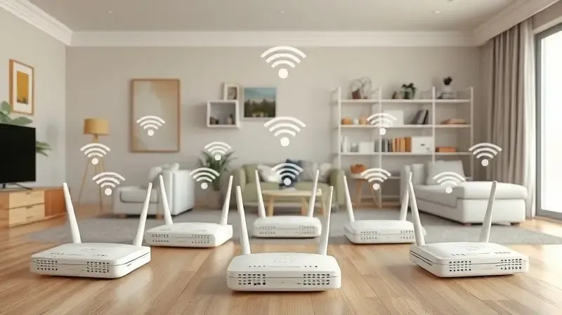 Conexão em rede mesh do roteador Wi-Fi 6: expansão de sinal para cobertura total na casa.