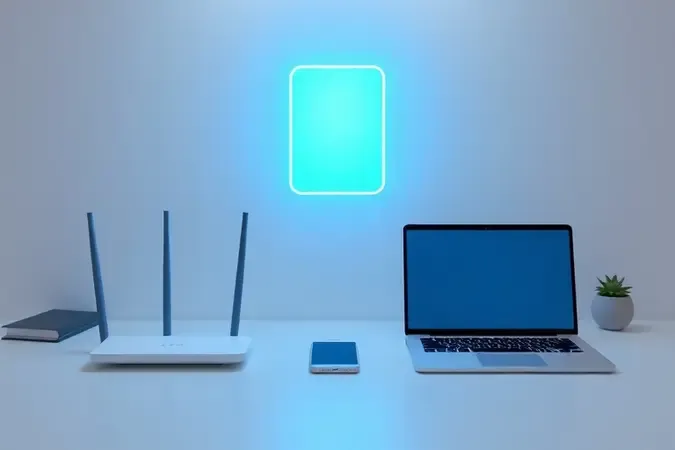Ambiente de configuração de roteador Wi-Fi com celular e notebook em render 3D conceitual limpo