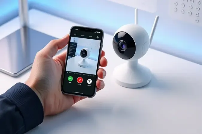 Celular com aplicativo de configuração ao lado de câmera Wi-Fi sem marca