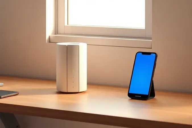Cena 3D conceitual de configuração de modem 4G com smartphone abstrato, mesa limpa e iluminação natural difusa