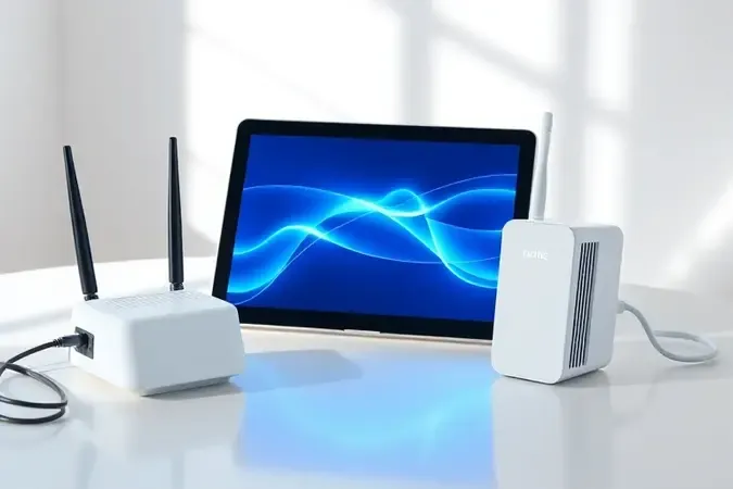 Render conceitual de repetidor e roteador em configuração com mesa minimalista e luz natural
