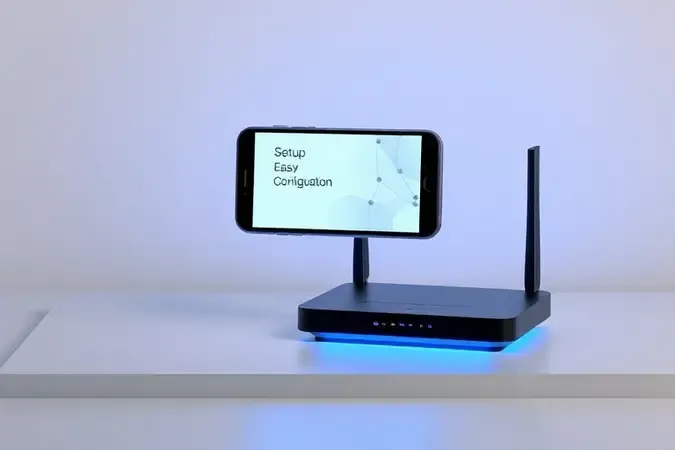 Render 3D conceitual de roteador ao lado de smartphone com interface abstrata de configuração e linhas de conexão