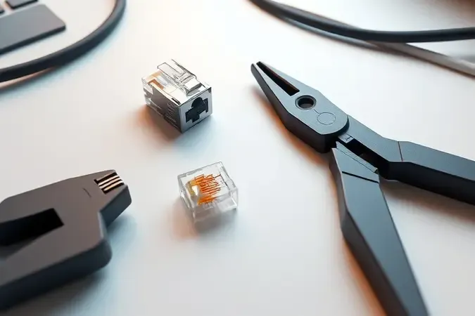 Cena conceitual de crimpagem de cabo Cat6 com conector RJ45 e alicate crimpador sobre bancada limpa e moderna.