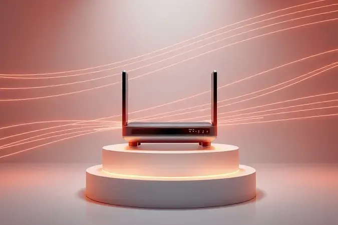 Cena conceitual de desempenho de rede com roteador e fluxos de dados veloces em ambiente moderno