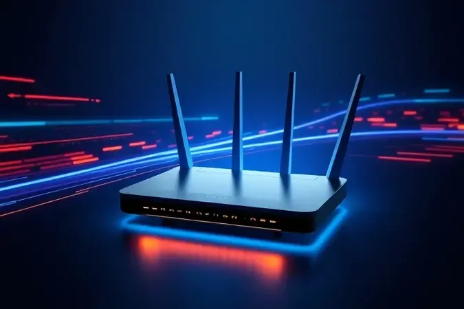 Conexião de alta velocidade representada com linas de velocidad y flujo de datos ao redor de um router mesh feo.