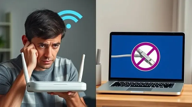 Pessoa confusa olhando para um roteador com sinal fraco de um lado e para um ícone de internet quebrada do outro, ilustrando o dilema da lentidão.