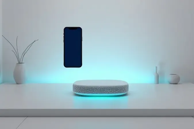 Cena conceitual de configuração de roteador mesh com smartphone e nó de rede em superfície limpa e moderna