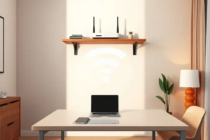 Roteador wireless posicionado em local elevado com ondas de sinal Wi-Fi preenchendo escritório doméstico moderno