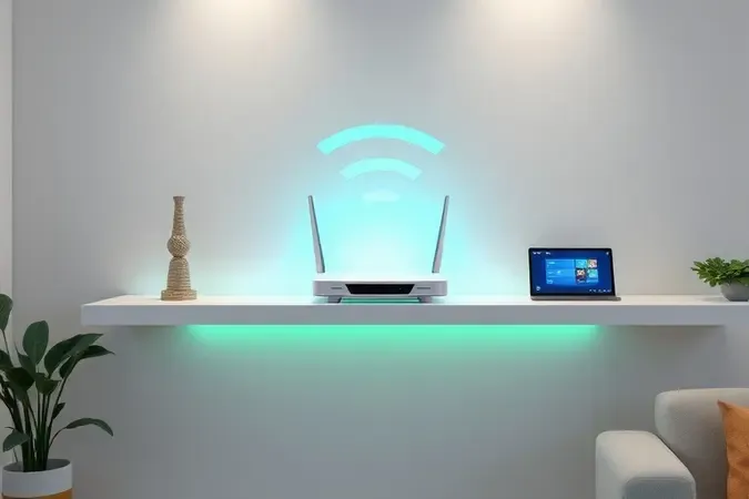 Cena 3D conceitual de rede Wi-Fi otimizada com roteador moderno e ondas de sinal fluindo pela casa