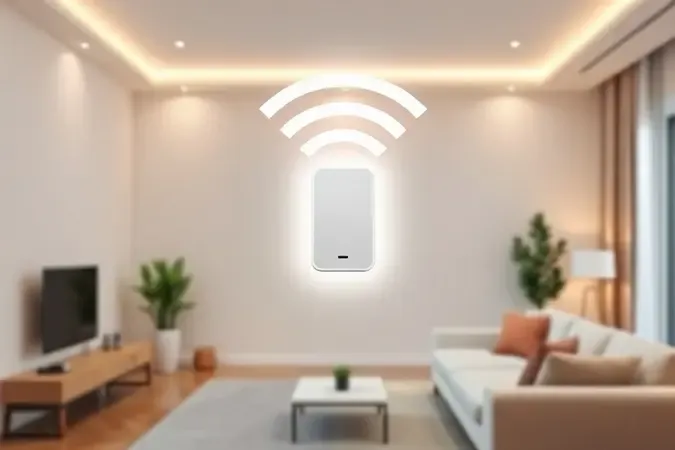Render conceitual de repetidor Wi-Fi na parede com feixes de sinal iluminando ambiente moderno