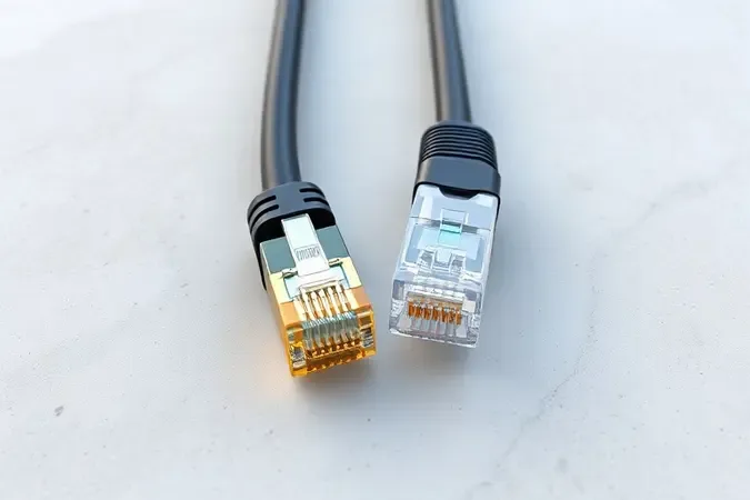Comparação conceitual entre cabos de rede Cat5e e Cat6 sobre superfície minimalista com iluminação profissional.