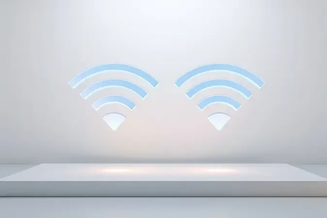 Visualização conceitual em 3D das redes Wi-Fi de 2,4 GHz e 5 GHz com ondas de sinal em tons de azul e âmbar
