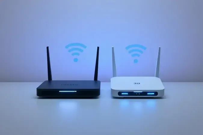 Render 3D de roteador e repetidor Wi-Fi lado a lado, ilustrando diferenças de alcance de sinal na rede.