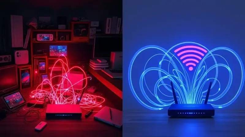 Comparativo visual entre Wi-Fi 5, com conexões congestionadas, e Wi-Fi 6, com múltiplas conexões organizadas e eficientes.