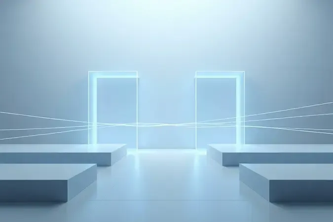 Representação conceptual de redes WAN e LAN com formas abstratas conexas por haces de luz elegantes