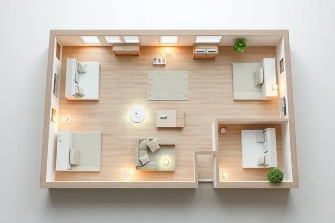 Maquete minimalista de planta de casa com módulos mesh e áreas de cobertura de sinal iluminadas em tom verde suave