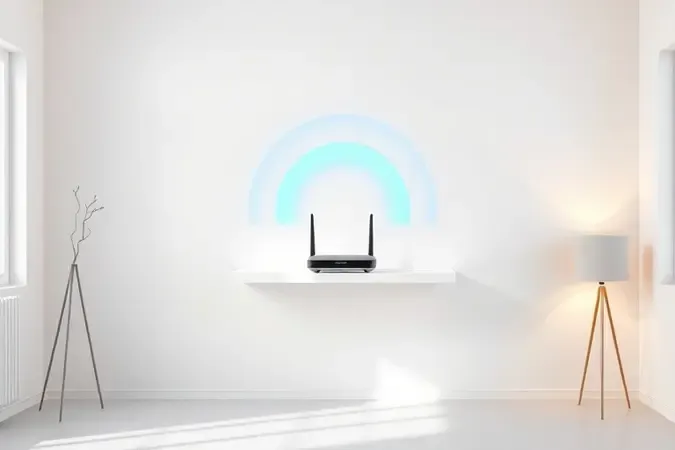 Roteador minimal instalado em prateleira central de sala limpa emitendo señales Wi-Fi abstractas