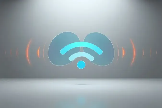 Render 3D conceitual de ondas de sinal Wi-Fi sobrepostas ilustrando interferência entre canais em ambiente moderno