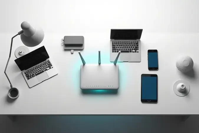 Composição conceitual com roteador, laptop e celular sobre mesa moderna ilustrando a escolha do roteador ideal