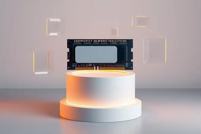 Cena 3D conceitual de cartão de memória cercado por formas abstratas de desempenho em tons neutros