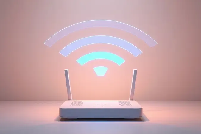 Render conceitual de roteador com planos translúcidos e ondas de luz representando os canais Wi-Fi