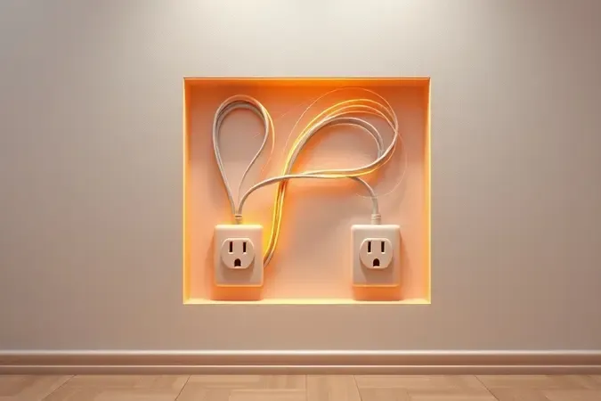 Corte conceitual de parede mostrando dados de internet fluindo pela fiação elétrica entre dois pontos de energia