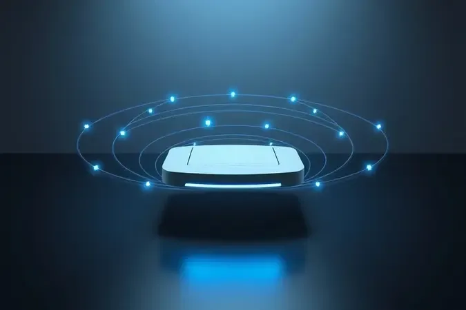Render conceitual de um roteador 4G emitindo ondas de conexion sem fios em um ambiente minimalista e iluminado.