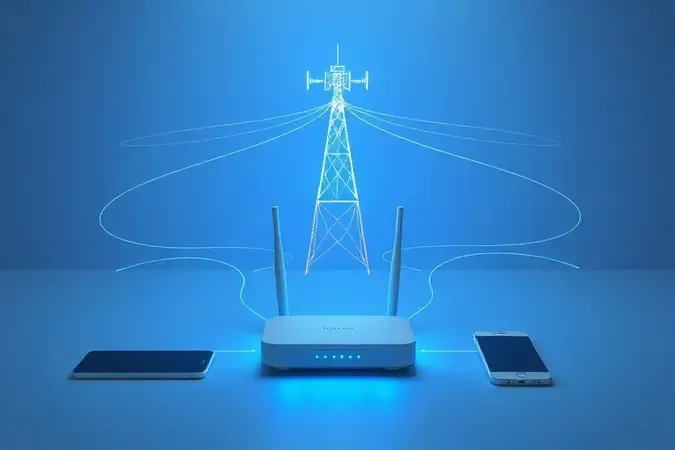 Render conceitual de roteador 4G recebendo sinal móvel de uma torre de transmissão