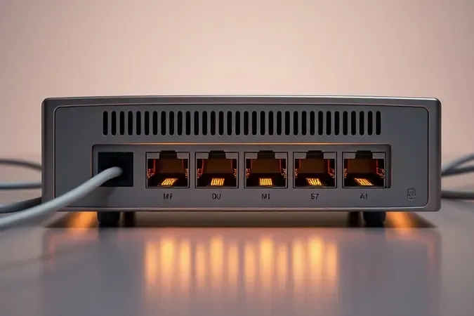 Render 3D conceitual do painel traseiro de roteador com portas ethernet e cabos de rede iluminados