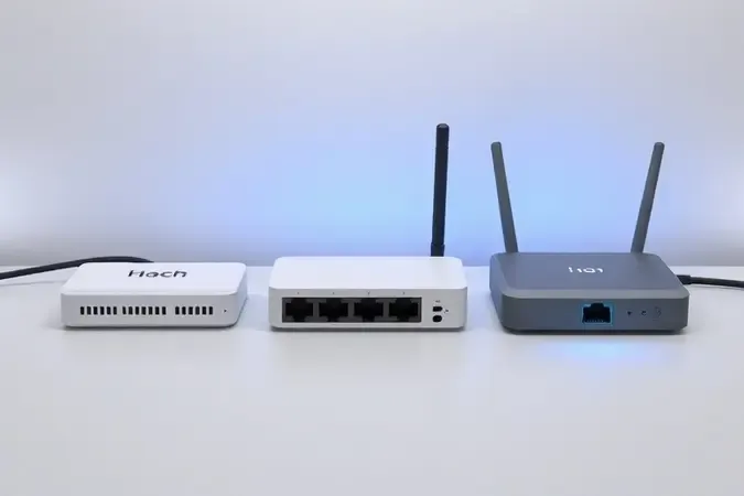 Render 3D de hub, switch e roteador alinhados em mesa limpa representando equipamentos de rede comparados