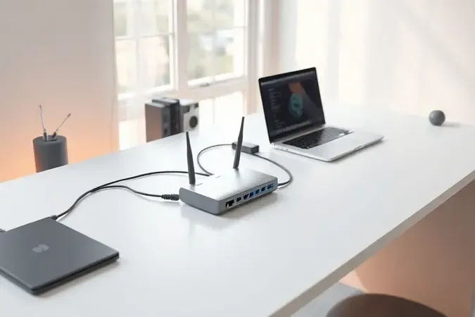 Roteador conectado a computador portátil para configuração da rede em escena moderna e limpa