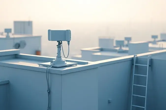 Render 3D de instalação segura de antena externa em telhado com elementos de proteção modernos