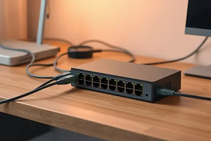 Cena ilustrativa da instalação de um switch não gerenciado com cabos de rede organizados conectados às portas