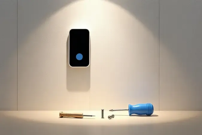 Cena conceitual 3D de instalação de campainha sem fio com botão na parede, chave de fenda e parafusos sobre superfície limpa.