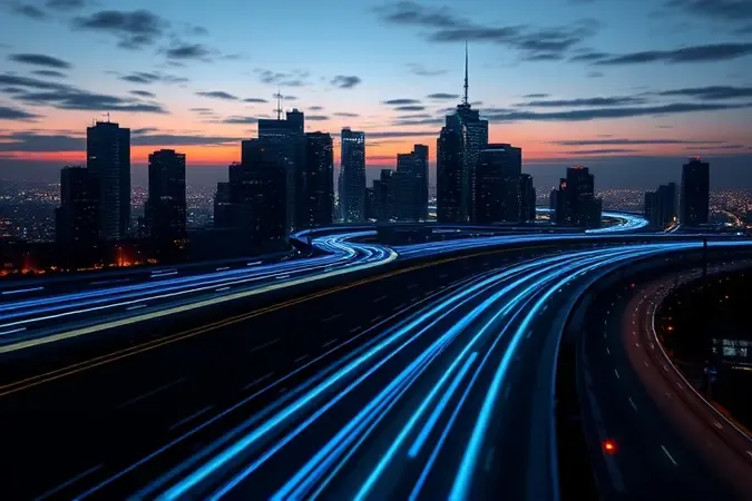 Concepto 3D com fios de luz sobre cidade moderna, representando a internet residencial mais rápida.