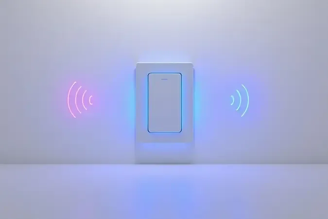 Conceito 3D comparando faixas de frequência Wi-Fi 2,4 GHz e 5 GHz ao lado de interruptor inteligente