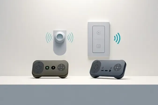 Comparação conceitual em 3D entre controle por Wi-Fi e controle por RF com esferas abstratas de sinal
