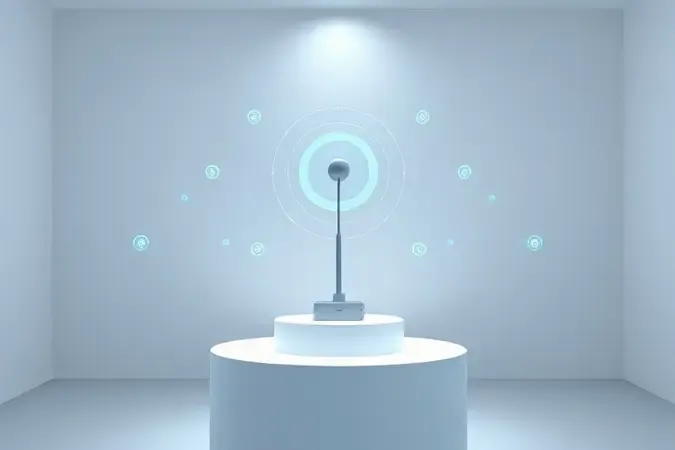 Conceito 3D de antena sobre pedestal com ondas de sinal 4G luminosas e ambiente minimalista