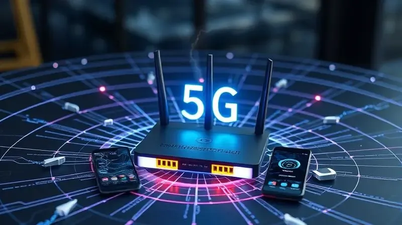 Ilustração de velocidade e alcance ampliados da internet 5G Claro com roteador conectado.