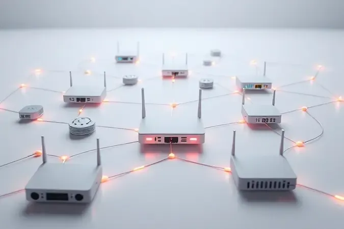 Rede de dispositivos conectados em conceito 3D representando a origem e integração da marca