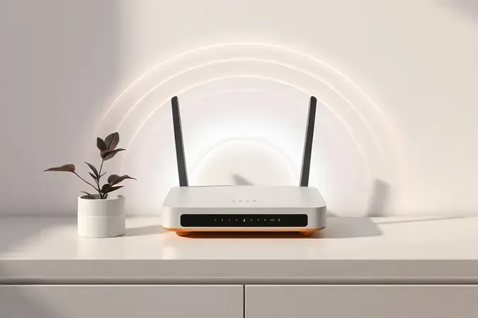 Render 3D de roteador com ondas de luz simbolizando cobertura wi-fi melhorada