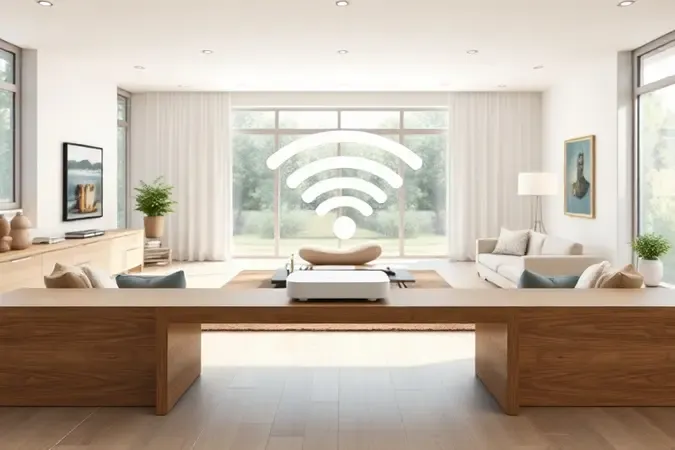 Roteador sem marca instalado em estante central de sala moderna com ondas de sinal wi-fi ao redor