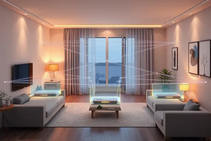 Rede mesh com múltiplos roteadores distribuídos em cômodos de uma casa moderna
