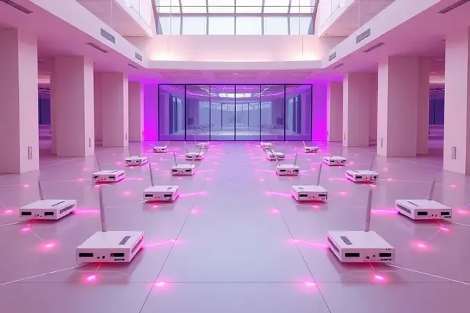Rede mesh conceitual com vários nós de roteador conectados por feixes de luz sobre um espaço moderno e limpo