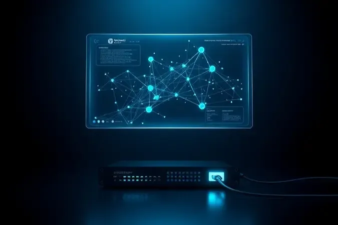 Visual conceitual de monitoramento de rede com painel abstrato de conexões sobre switch moderno minimalista