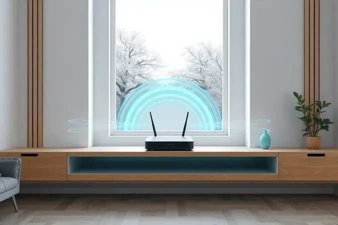 Roteador instalado em prateleira central em sala moderna, com ondas de sinal irradiando pelo ambiente em render 3D