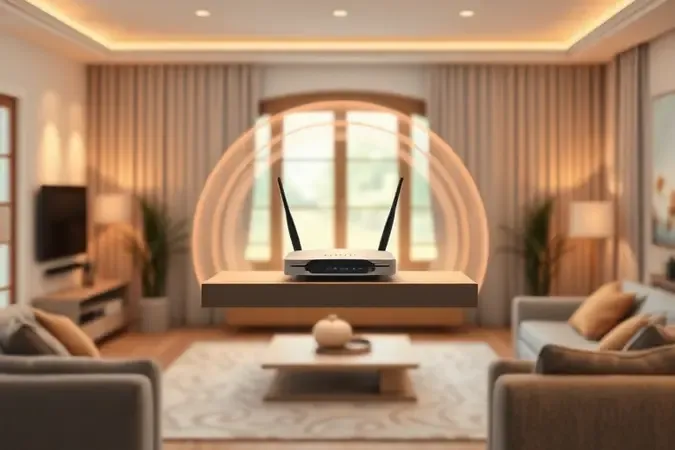 Render 3D de roteador bien ubicado em estantería central de sala moderna